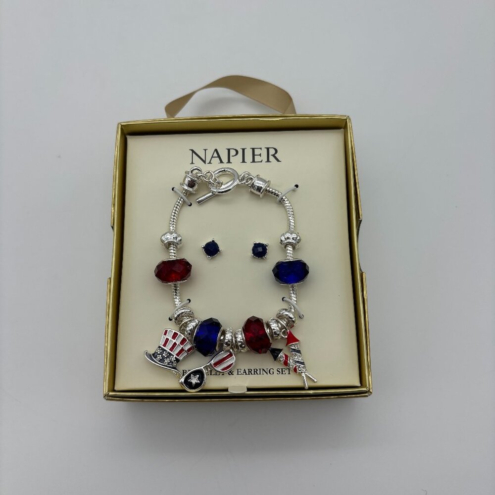 NIB Napier Silver Tone America Patriotic Charm Bracelet & Stud Earrings Set